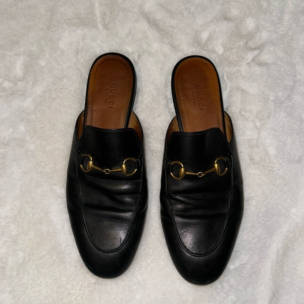 Black, Gucci slides, Size 8, lightly warn.
